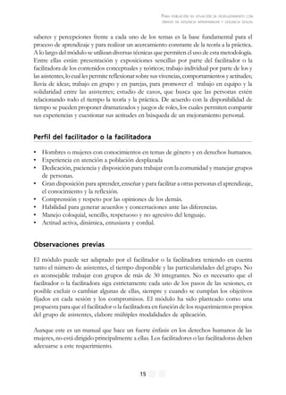 PARA POBLACIÓN EN SITUACIÓN DE DESPLAZAMIENTO CON
ÉNFASIS EN VIOLENCIA INTRAFAMILIAR Y VIOLENCIA SEXUAL
15
saberes y percepciones frente a cada uno de los temas es la base fundamental para el
proceso de aprendizaje y para realizar un acercamiento constante de la teoría a la práctica.
A lo largo del módulo se utilizan diversas técnicas que permiten el uso de esta metodología.
Entre ellas están: presentación y exposiciones sencillas por parte del facilitador o la
facilitadora de los contenidos conceptuales y teóricos; trabajo individual por parte de los y
lasasistentes,locuallespermitereflexionarsobresusvivencias, comportamientosyactitudes;
lluvia de ideas; trabajo en grupo y en parejas, para promover el trabajo en equipo y la
solidaridad entre las asistentes; estudio de casos, que busca que las personas estén
relacionando todo el tiempo la teoría y la práctica. De acuerdo con la disponibilidad de
tiempo se pueden proponer dramatizados y juegos de roles, los cuales permiten compartir
sus experiencias y cuestionar sus actitudes en búsqueda de un mejoramiento personal.
Perfil del facilitador o la facilitadoraPerfil del facilitador o la facilitadoraPerfil del facilitador o la facilitadoraPerfil del facilitador o la facilitadoraPerfil del facilitador o la facilitadora
• Hombres o mujeres con conocimientos en temas de género y en derechos humanos.
• Experiencia en atención a población desplazada
• Dedicación, paciencia y disposición para trabajar con la comunidad y manejar grupos
de personas.
• Gran disposición para aprender, enseñar y para facilitar a otras personas el aprendizaje,
el conocimiento y la reflexión.
• Comprensión y respeto por las opiniones de los demás.
• Habilidad para generar acuerdos y concertaciones ante las diferencias.
• Manejo coloquial, sencillo, respetuoso y no agresivo del lenguaje.
• Actitud activa, dinámica, entusiasta y cordial.
Observaciones previasObservaciones previasObservaciones previasObservaciones previasObservaciones previas
El módulo puede ser adaptado por el facilitador o la facilitadora teniendo en cuenta
tanto el número de asistentes, el tiempo disponible y las particularidades del grupo. No
es aconsejable trabajar con grupos de más de 30 integrantes. No es necesario que el
facilitador o la facilitadora siga estrictamente cada uno de los pasos de las sesiones, es
posible excluir o cambiar algunas de ellas, siempre y cuando se cumplan los objetivos
fijados en cada sesión y los compromisos. El módulo ha sido planteado como una
propuesta para que el facilitador o la facilitadora en función de los requerimientos propios
del grupo de asistentes, elabore múltiples modalidades de aplicación.
Aunque este es un manual que hace un fuerte énfasis en los derechos humanos de las
mujeres, no está dirigido principalmente a ellas. Los facilitadores o las facilitadoras deben
adecuarse a este requerimiento.
 
