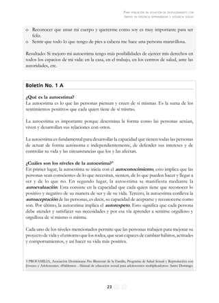 PARA POBLACIÓN EN SITUACIÓN DE DESPLAZAMIENTO CON
ÉNFASIS EN VIOLENCIA INTRAFAMILIAR Y VIOLENCIA SEXUAL
23
o Reconocer que amar mi cuerpo y quererme como soy es muy importante para ser
feliz.
o Sentir que todo lo que tengo de pies a cabeza me hace una persona maravillosa.
Resultado: Si mejoro mi autoestima tengo más posibilidades de ejercer mis derechos en
todos los espacios de mi vida: en la casa, en el trabajo, en los centros de salud, ante las
autoridades, etc.
Boletín No. 1 ABoletín No. 1 ABoletín No. 1 ABoletín No. 1 ABoletín No. 1 A
¿Qué es la autoestima?
La autoestima es lo que las personas piensan y creen de sí mismas. Es la suma de los
sentimientos positivos que cada quien tiene de sí mismo.
La autoestima es importante porque determina la forma como las personas actúan,
viven y desarrollan sus relaciones con otros.
La autoestima es fundamental para desarrollar la capacidad que tienen todas las personas
de actuar de forma autónoma e independientemente, de defender sus intereses y de
controlar su vida y las circunstancias que los y las afectan.
¿Cuáles son los niveles de la autoestima?3
En primer lugar, la autoestima se inicia con el autoconocimiento, esto implica que las
personas sean conscientes de lo que necesitan, sienten, de lo que pueden hacer y llegar a
ser y de lo que no. En segundo lugar, la autoestima se manifiesta mediante la
autoevaluación. Esta consiste en la capacidad que cada quien tiene que reconocer lo
positivo y negativo de su manera de ser y de su vida. Tercero, la autoestima conlleva la
autoaceptación de las personas, es decir, su capacidad de aceptarse y reconocerse como
son. Por último, la autoestima implica el autorespeto. Esto significa que cada persona
debe atender y satisfacer sus necesidades y por esa vía aprender a sentirse orgulloso y
orgullosa de sí mismo o misma.
Cada uno de los niveles mencionados permite que las personas trabajen para mejorar su
proyecto de vida y el entorno que los rodea, que sean capaces de cambiar hábitos, actitudes
y comportamientos, y así hacer su vida más positiva.
3 PROFAMILIA, Asociación Dominicana Pro Bienestar de la Familia, Programa de Salud Sexual y Reproductiva con
Jóvenes y Adolescentes. «Hablemos…Manual de educación sexual para adolescentes multiplicadores». Santo Domingo.
 
