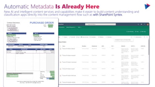 New AI and intelligent content services and capabilities make it easier to build content understanding and
classification apps directly into the content management flow such as with SharePoint Syntex.
 
