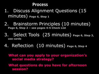 Process
1. Discuss Alignment Questions (15
  minutes) Page 6, Step 1
2.   Brainstorm Principles (10 minutes)
 Page 6, Step 2 – see pages 4-5 Check List


3.   Select Tools (25 minutes)                   Page 6, Step 3,
 use cards


4. Reflection (10 minutes)                   Page 6, Step 4


 What can you apply to your organization’s
  social media strategy?
 What questions do you have for afternoon
  session?
 