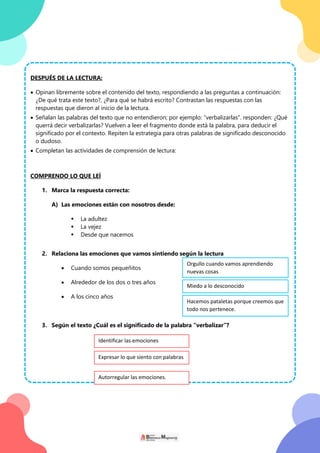 DESPUÉS DE LA LECTURA:
 Opinan libremente sobre el contenido del texto, respondiendo a las preguntas a continuación:
¿De qué trata este texto?, ¿Para qué se habrá escrito? Contrastan las respuestas con las
respuestas que dieron al inicio de la lectura.
 Señalan las palabras del texto que no entendieron; por ejemplo: “verbalizarlas”. responden: ¿Qué
querrá decir verbalizarlas? Vuelven a leer el fragmento donde está la palabra, para deducir el
significado por el contexto. Repiten la estrategia para otras palabras de significado desconocido
o dudoso.
 Completan las actividades de comprensión de lectura:
COMPRENDO LO QUE LEÍ
1. Marca la respuesta correcta:
A) Las emociones están con nosotros desde:
 La adultez
 La vejez
 Desde que nacemos
2. Relaciona las emociones que vamos sintiendo según la lectura
 Cuando somos pequeñitos
 Alrededor de los dos o tres años
 A los cinco años
3. Según el texto ¿Cuál es el significado de la palabra “verbalizar”?
Orgullo cuando vamos aprendiendo
nuevas cosas
Miedo a lo desconocido
Hacemos pataletas porque creemos que
todo nos pertenece.
Identificar las emociones
Expresar lo que siento con palabras
Autorregular las emociones.
 
