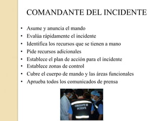 • Asume y anuncia el mando
• Evalúa rápidamente el incidente
• Identifica los recursos que se tienen a mano
• Pide recursos adicionales
• Establece el plan de acción para el incidente
• Establece zonas de control
• Cubre el cuerpo de mando y las áreas funcionales
• Aprueba todos los comunicados de prensa
COMANDANTE DEL INCIDENTE
 