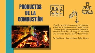 Cuando se produce una reacción química
exotérmica, con la suﬁciente velocidad de
reacción para que la podamos identiﬁcar
como un incendio o un fuego, se establece
una ecuación de unos elementos iniciales .
Se clasiﬁca en: Humo, Llama, Calor, Gases.
PRODUCTOS
DE LA
COMBUSTIÓN
 