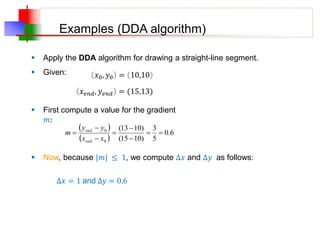 Examples (DDA algorithm)
 Apply the DDA algorithm for drawing a straight-line segment.
 Given: 𝑥0, 𝑦0 = 10,10
𝑥𝑒𝑛𝑑, 𝑦𝑒𝑛𝑑 = (15,13)
 First compute a value for the gradient
𝑚:
 
 
6
.
0
5
3
)
10
15
(
)
10
13
(
0
0








x
x
y
y
m
end
end
 Now, because |𝑚| ≤ 1, we compute Δ𝑥 and Δ𝑦 as follows:
Δ𝑥 = 1 and Δy = 0.6
 