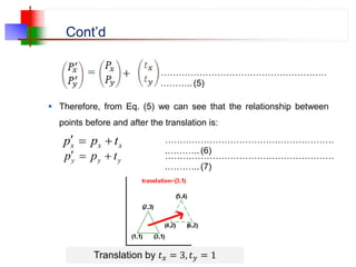 Cont’d
 Therefore, from Eq. (5) we can see that the relationship between
points before and after the translation is:
…………………………………………………
.……….. (5)
x
x
x t
p
p 


y
y
y t
p
p 


…………………………………………………
.……….. (6)
…………………………………………………
.……….. (7)
Translation by 𝑡𝑥 = 3, 𝑡𝑦 = 1
 
