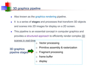 3D graphics pipeline
 Also known as the graphics rendering pipeline.
 It is a series of stages and processes that transform 3D objects
and scenes into 2D images for display on a 2D screen.
 This pipeline is an essential concept in computer graphics and
provides a structured approach to efficiently render complex 3D
scenes in real-time.
o Vector processing
o Primitive assembly & rasterization
o Fragment processing
o frame buffer
o display
3D graphics
pipeline stages
 