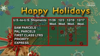 U.S.-to-U.S. Shipments 11/26 12/3 12/10 12/17 
Wed. Wed. Wed. Wed. 
SAM PARCELS 
PAL PARCELS 
FIRST CLASS LTRS 
PRIORITY 
EXPRESS 
 