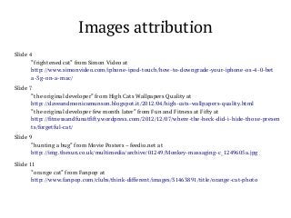 Images attribution
Slide 4
“frightened cat” from Simon Video at
http://www.simonvideo.com/iphone-ipod-touch/how-to-downgrade-your-iphone-os-4-0-bet
a-3g-on-a-mac/
Slide 7
“the original developer” from High Cats Wallpapers Quality at
http://daveandmonicamunson.blogspot.it/2012/04/high-cats-wallpapers-quality.html
“the original developer few month later” from Fun and Fitness at Fifty at
http://fitnessandfunatfifty.wordpress.com/2012/12/07/where-the-heck-did-i-hide-those-presen
ts/forgetful-cat/
Slide 9
“hunting a bug” from Movie Posters – feedio.net at
http://img.thesun.co.uk/multimedia/archive/01249/Monkey-massaging-c_1249605a.jpg
Slide 11
“orange cat” from Fanpop at
http://www.fanpop.com/clubs/think-different/images/31463891/title/orange-cat-photo

 