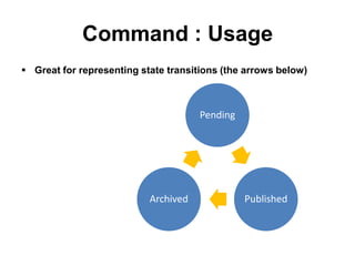 Command : Usage
 Great for representing state transitions (the arrows below)



                                      Pending




                           Archived             Published
 
