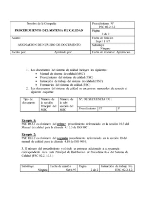 Nombre de la Compañía
PROCEDIMIENTO DEL SISTEMA DE CALIDAD
Procedimiento N°
PSC 02.2.1.2
Página
1 de 2
Asunto:
ASIGNACION DE NUMERO DE DOCUMENTO
Fecha de Emisión
Sept / 1 /97
Substituye
Ninguno
Escrito por: Aprobado por: Fecha de Revisión/ Aprobación
1. Los documentos del sistema de calidad incluyen los siguientes:
 Manual de sistema de calidad.(MSC)
 Procedimiento del sistema de calidad.(PSC)
 Instrucción de trabajo del sistema de calidad.(ITSC)
 Formularios del sistema de calidad.(FSC)
2. Los documentos del sistema de calidad se encuentran numerados de acuerdo al
siguiente esquema:
Tipo de
documento
Número de
la sección
Principal del
MSC
Número de
la sub-
sección del
MSC
Nº. DE SECUENCIA DE :
Procedimiento IT F
Ejemplo 1:
PSC 10.3.1 es el número del primer procedimiento referenciado en la sección 10.3 del
Manual de calidad para la cláusula 4.10.3 de ISO 9001.
Ejemplo 2:
PSC 18.0.2 es el número del segundo procedimiento referenciado en la sección 18 del
manual de calidad para la cláusula 4.18 de ISO 9001.
3. El número del procedimiento y el título es entonces adicionado a su secuencia
correspondiente en la Lista Principal de Distribución de Procedimientos del Sistema de
Calidad (FSC 02.2.1.0.1.)
Substituye
Ninguna
Fecha de emisión
Set/1/97
Pagina
2 de 2
Instrucción de trabajo No.
ITSC 02.2.1.2.
 