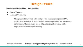 Drawbacks of Using Binary Relationships
● Loss of Context
● Increased Complexity
Managing multiple binary relationships often requires extra joins in SQL
queries, which can lead to more complex database operations and lower query
performance. These joins are not as efficient as directly working with a
single, well-defined n-ary relationship.
Design Issues
Database Management System | COMP 232 | September 2024 17
Sanjog Sigdel, September 2024
 