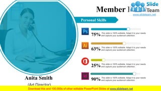 Personal Skills
90%This slide is 100% editable. Adapt it to your needs
and capture your audience's attention.
25%This slide is 100% editable. Adapt it to your needs
and capture your audience's attention.
63%This slide is 100% editable. Adapt it to your needs
and capture your audience's attention.
75%This slide is 100% editable. Adapt it to your needs
and capture your audience's attention.
13
Anita Smith
(Art Director)
Member Profile
 