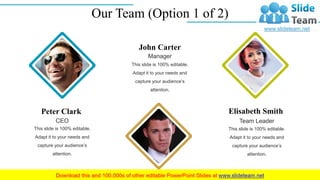 This slide is 100% editable.
Adapt it to your needs and
capture your audience’s
attention.
CEO
Peter Clark
Manager
John Carter
This slide is 100% editable.
Adapt it to your needs and
capture your audience’s
attention.
Team Leader
Elisabeth Smith
This slide is 100% editable.
Adapt it to your needs and
capture your audience’s
attention.
Our Team (Option 1 of 2)
9
 