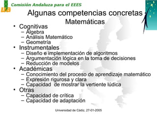 Algunas competencias concretas Matemáticas Cognitivas Algebra Análisis Matemático Geometría Instrumentales Diseño e implementación de algoritmos Argumentación lógica en la toma de decisiones Reducción de modelos Académicas Conocimiento del proceso de aprendizaje matemático Expresión rigurosa y clara Capacidad  de mostrar la vertiente lúdica  Otras Capacidad de crítica Capacidad de adaptación 