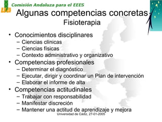 Algunas competencias concretas Fisioterapia Conocimientos disciplinares Ciencias clínicas Ciencias físicas Contexto administrativo y organizativo Competencias profesionales Determinar el diagnóstico Ejecutar, dirigir y coordinar un Plan de intervención Elaborar el informe de alta Competencias actitudinales Trabajar con responsabilidad Manifestar discreción Mantener una actitud de aprendizaje y mejora 
