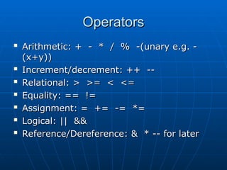 Operators
Operators

Arithmetic: + - * / % -(unary e.g. -
Arithmetic: + - * / % -(unary e.g. -
(x+y))
(x+y))

Increment/decrement: ++ --
Increment/decrement: ++ --

Relational: > >= < <=
Relational: > >= < <=

Equality: == !=
Equality: == !=

Assignment: = += -= *=
Assignment: = += -= *=

Logical: || &&
Logical: || &&

Reference/Dereference: & * -- for later
Reference/Dereference: & * -- for later
 