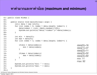13



                     หาค่ามากและหาค่าน้อย (maximum and minimum)

     01: public class MinMax {
     02:
     03:    public static void main(String[] args) {
     04:        int[] data = new int[5];
     05:        for (int index = 0; index < data.length; index++) {
     06:            data[index] = (int) (Math.random()*100);
     07:            System.out.println("data["+index+"]="+data[index]);
     08:        }
     09:
     10:        int min = data[0];
     11:        int max = data[0];
     12:        for (int index = 1; index < data.length; index++) {
     13:
     14:            if(min > data[index]){                                           data[0]=16
     15:                min = data[index];
     16:            }
                                                                                     data[1]=37
     17:                                                                             data[2]=11
     18:            if(max < data[index]){                                           data[3]=32
     19:                max = data[index];                                           data[4]=92
     20:            }
     21:        }                                                                    min: 11
     22:                                                                             max: 92
     23:        System.out.println("min: " + min);
     24:        System.out.println("max: " + max);
     25:    }
     26:}
Atit Patumvan, Faculty of Management and Information Sciences, Naresuan University
Tuesday, August 2, 2011
 