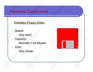Hardware Components
Diskettes (Floppy Disks)
□ Speed:
□ Very slow!
□ Capacity:
□ Normally 1.44 Mbytes.
□ Cost:
□ Very cheap.
PD
F-XChange
Editor
D
EM
O
PD
F-XChange
Editor
D
EM
O
PD
F-XChange
Editor
D
EM
O
PD
F-XChange
Editor
D
EM
O
PD
F-XChange
Editor
D
EM
O
PD
F-XChange
Editor
D
EM
O
PD
F-XChange
Editor
D
EM
O
PD
F-XChange
Editor
D
EM
O
PD
F-XChange
Editor
D
EM
O
PD
F-XChange
Editor
D
EM
O
PD
F-XChange
Editor
D
EM
O
PD
F-XChange
Editor
D
EM
O
 