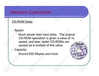 Hardware Components
CD-ROM Disks
□ Speed:
□ Much slower than hard disks. The original
CD-ROM speciation is given a value of 1x
speed, and later, faster CD-ROMs are
quoted as a multiple of this value.
□ Capacity:
□ Around 650 Mbytes and more
PD
F-XChange
Editor
D
EM
O
PD
F-XChange
Editor
D
EM
O
PD
F-XChange
Editor
D
EM
O
PD
F-XChange
Editor
D
EM
O
PD
F-XChange
Editor
D
EM
O
PD
F-XChange
Editor
D
EM
O
PD
F-XChange
Editor
D
EM
O
PD
F-XChange
Editor
D
EM
O
PD
F-XChange
Editor
D
EM
O
PD
F-XChange
Editor
D
EM
O
PD
F-XChange
Editor
D
EM
O
PD
F-XChange
Editor
D
EM
O
 