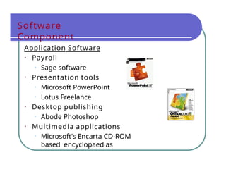 Software
Component
Application Software
• Payroll
• Sage software
• Presentation tools
• Microsoft PowerPoint
• Lotus Freelance
• Desktop publishing
• Abode Photoshop
• Multimedia applications
• Microsoft's Encarta CD-ROM
based encyclopaedias
 