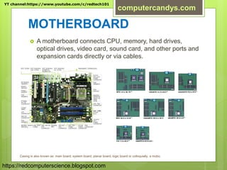 MOTHERBOARD
 A motherboard connects CPU, memory, hard drives,
optical drives, video card, sound card, and other ports and
expansion cards directly or via cables.
Casing is also known as: main board, system board, planar board, logic board or colloquially, a mobo.
YT channel:https://www.youtube.com/c/redtech101
computercandys.com
https://redcomputerscience.blogspot.com
 