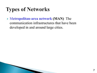  Metropolitan-area network (MAN) The
communication infrastructures that have been
developed in and around large cities.
7
 