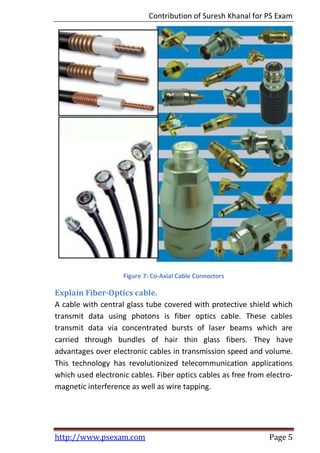 Contribution of Suresh Khanal for PS Exam
http://www.psexam.com Page 5
Figure 7: Co-Axial Cable Connectors
Explain Fiber-Optics cable.
A cable with central glass tube covered with protective shield which
transmit data using photons is fiber optics cable. These cables
transmit data via concentrated bursts of laser beams which are
carried through bundles of hair thin glass fibers. They have
advantages over electronic cables in transmission speed and volume.
This technology has revolutionized telecommunication applications
which used electronic cables. Fiber optics cables as free from electro-
magnetic interference as well as wire tapping.
 