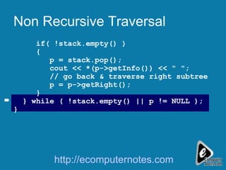 Non Recursive Traversal if( !stack.empty() ) { p = stack.pop(); cout << *(p->getInfo()) << &quot; &quot;;   // go back & traverse right subtree p = p->getRight();  } } while ( !stack.empty() || p != NULL ); } http://ecomputernotes.com  