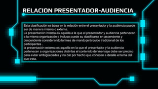 RELACION PRESENTADOR-AUDIENCIA
Esta clasificación se basa en la relación entre el presentador y la audiencia puede
ser de manera interna o externa.
La presentación interna es aquella a la que el presentador y audiencia pertenecen
a la misma organización e incluso puede su clasificarse en ascendente y
descendente considerando la línea de mando jerárquico tradicional de los
participantes .
la presentación externa es aquella en la que el presentador y la audiencia
pertenecen a organizaciones distintas el contenido del mensaje debe ser preciso
para evitar ambigüedades y no dar por hecho que conocen a detalle el tema del
que trata.
 