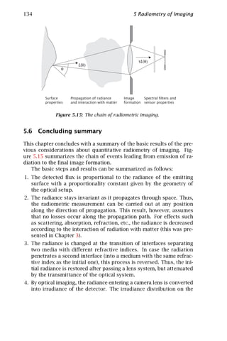 134                                                      5 Radiometry of Imaging




                                                            τL(θ)
                          L(θ)
                  θ




         Surface      Propagation of radiance       Image     Spectral filters and
         properties   and interaction with matter   formation sensor properties


              Figure 5.15: The chain of radiometric imaging.


5.6 Concluding summary

This chapter concludes with a summary of the basic results of the pre-
vious considerations about quantitative radiometry of imaging. Fig-
ure 5.15 summarizes the chain of events leading from emission of ra-
diation to the ﬁnal image formation.
   The basic steps and results can be summarized as follows:
1. The detected ﬂux is proportional to the radiance of the emitting
   surface with a proportionality constant given by the geometry of
   the optical setup.
2. The radiance stays invariant as it propagates through space. Thus,
   the radiometric measurement can be carried out at any position
   along the direction of propagation. This result, however, assumes
   that no losses occur along the propagation path. For eﬀects such
   as scattering, absorption, refraction, etc., the radiance is decreased
   according to the interaction of radiation with matter (this was pre-
   sented in Chapter 3).
3. The radiance is changed at the transition of interfaces separating
   two media with diﬀerent refractive indices. In case the radiation
   penetrates a second interface (into a medium with the same refrac-
   tive index as the initial one), this process is reversed. Thus, the ini-
   tial radiance is restored after passing a lens system, but attenuated
   by the transmittance of the optical system.
4. By optical imaging, the radiance entering a camera lens is converted
   into irradiance of the detector. The irradiance distribution on the
 