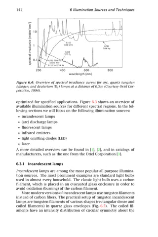 142                                                                      6 Illumination Sources and Techniques




       spectral irradiance [mWm-2nm-1]
                                         10


                                                                       6332
                                         1                           50W QTH
                                                                                             6282
                                                                                            50W Hg
                                                                      6316
                                                                     STD D2


                                         0.1       6263 75W Xe
                                                    ozone free
                                                   6251 Std 75W Xe

                                             200              400                 600          800
                                                                         wavelength [nm]


Figure 6.4: Overview of spectral irradiance curves for arc, quartz tungsten
halogen, and deuterium (D2 ) lamps at a distance of 0.5 m (Courtesy Oriel Cor-
poration, 1994).


optimized for speciﬁed applications. Figure 6.3 shows an overview of
available illumination sources for diﬀerent spectral regions. In the fol-
lowing sections we will focus on the following illumination sources:
 • incandescent lamps
 • (arc) discharge lamps
 • ﬂuorescent lamps
 • infrared emitters
 • light emitting diodes (LED)
 • laser
A more detailed overview can be found in [1], [2], and in catalogs of
manufacturers, such as the one from the Oriel Corporation [3].

6.3.1 Incandescent lamps

Incandescent lamps are among the most popular all-purpose illumina-
tion sources. The most prominent examples are standard light bulbs
used in almost every household. The classic light bulb uses a carbon
ﬁlament, which is placed in an evacuated glass enclosure in order to
avoid oxidation (burning) of the carbon ﬁlament.
    More modern versions of incandescent lamps use tungsten ﬁlaments
instead of carbon ﬁbers. The practical setup of tungsten incandescent
lamps are tungsten ﬁlaments of various shapes (rectangular dense and
coiled ﬁlaments) in quartz glass envelopes (Fig. 6.5). The coiled ﬁl-
aments have an intensity distribution of circular symmetry about the
 