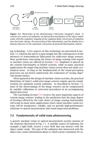 168                                                         7 Solid-State Image Sensing

                           Radiation generation



                                                                                Display
                                       Optical                A/D      DSP
                                    Information
                                     Processing
                                                                                 Image
                                                                                  Inter-
                                                                                pretation
  Interaction             Image                    Image
  with object           formation                 sensing


Figure 7.1: Illustration of the photosensing (“electronic imaging”) chain. It
consists of a source of radiation, an interaction mechanism of the object under
study with this radiation, shaping of the radiation ﬁeld, conversion of radiation
into electronic charge, the processing of this information, and the display for a
human observer or the automatic extraction of pictorial information content.


ing technology. A few aspects of this technology are presented in Sec-
tion 7.8, wherein the aim is to gain insight into the consequences of the
advances of semiconductor fabrication for solid-state image sensors.
More predictions concerning the future of image sensing with regard
to machine vision are oﬀered in Section 7.10. Emphasis is placed on
the custom functionality in hybrid systems, while in many practical
applications the single-chip machine vision system does not make eco-
nomical sense. As long as the fundamentals of the visual perception
processes are not better understood, the realization of “seeing chips”
will remain elusive.
    Often ignored in the design of machine vision systems, the practical
limitations of today’s solid-state image sensors require special consid-
erations for optimum system solutions. As described in Section 7.9,
most of the shortcomings of the image sensors can be compensated
by suitable calibration or correction procedures in an accompanying
digital processor.
    The concluding Section 7.11 reviews the most important aspects of
custom image sensors, leading to the prediction that the large degree
of freedom oﬀered by the wide choice of image sensing functionality
will result in many more applications where smart machine vision sys-
tems will be inexpensive, reliable, and yet provide high-performance
solutions to optical measurement and visual inspection problems.


7.2 Fundamentals of solid-state photosensing

A generic machine vision or optical measurement system consists of
the elements illustrated in Fig. 7.1. A suitable source of radiation, for
example a light bulb, creates a wave ﬁeld that can interact with the
object under study. The part of the radiation that interacted with the
object now carries information about it, which can be contained, for ex-
 