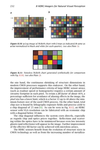 232                       8 HDRC-Imagers for Natural Visual Perception

a                                      b




Figure 8.10: a Log image of McBeth chart with f-stops as indicated; b same as
a but normalized to black and white for each quarter; (see also Plate 1).




Figure 8.11: Noiseless McBeth chart generated synthetically for comparison
with Fig. 8.10; (see also Plate 2).


the one hand, the continuous shrinking of structure dimensions in
modern CMOS processes supports this endeavor. On the other hand,
the improvement of performance criteria of large HDRC sensor arrays
(such as readout speed or homogeneity) requires a certain amount of
circuitry footprint in each pixel. To retain a ﬁll factor of about 40 %, a
percentage suﬃcient for avoidance of aliasing eﬀects in the image, the
pixel size has a lower limit, which is a factor 35 up to 40 above the min-
imum feature size of the used CMOS process. On the other hand, total
chip size is bound by lithography exposure ﬁelds and process yield to
a chip diagonal of 25 mm [6]. As can be seen in Fig. 8.12, an HDRC
sensor with VGA resolution can be fabricated with an economic chip
with a diagonal below 10 mm.
    The chip diagonal inﬂuences the system costs directly, especially
as regards chip and optics prices together. Reﬂections and scatter-
ing within the optics have to be minimized because even low intensity
ghosts (and reﬂections) will appear in the image. Further improvement
of the eﬀective ﬁll factor can be achieved with microlens arrays.
    The HDRC sensors beneﬁt from the evolution of structure sizes in
CMOS technology as well as from the increasing number of metalliza-
 
