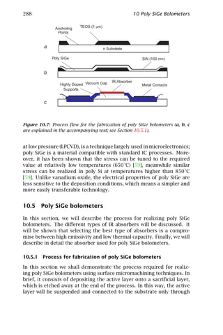 288                                               10 Poly SiGe Bolometers




Figure 10.7: Process ﬂow for the fabrication of poly SiGe bolometers (a, b, c
are explained in the accompanying text; see Section 10.5.1).


at low pressure (LPCVD), is a technique largely used in microelectronics;
poly SiGe is a material compatible with standard IC processes. More-
over, it has been shown that the stress can be tuned to the required
value at relatively low temperatures (650 °C) [59], meanwhile similar
stress can be realized in poly Si at temperatures higher than 850 °C
[59]. Unlike vanadium oxide, the electrical properties of poly SiGe are
less sensitive to the deposition conditions, which means a simpler and
more easily transferable technology.


10.5 Poly SiGe bolometers

In this section, we will describe the process for realizing poly SiGe
bolometers. The diﬀerent types of IR absorbers will be discussed. It
will be shown that selecting the best type of absorbers is a compro-
mise between high emissivity and low thermal capacity. Finally, we will
describe in detail the absorber used for poly SiGe bolometers.

10.5.1 Process for fabrication of poly SiGe bolometers

In this section we shall demonstrate the process required for realiz-
ing poly SiGe bolometers using surface micromachining techniques. In
brief, it consists of depositing the active layer onto a sacriﬁcial layer,
which is etched away at the end of the process. In this way, the active
layer will be suspended and connected to the substrate only through
 