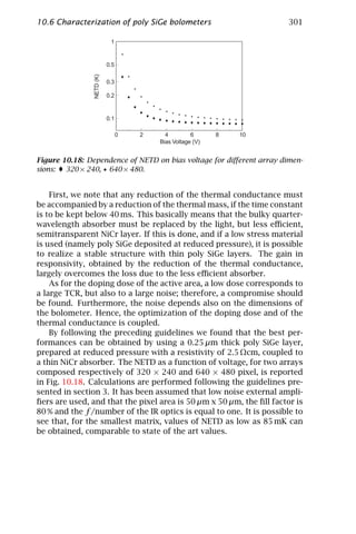 10.6 Characterization of poly SiGe bolometers                         301

                            1


                           0.5




                NETD (K)
                           0.3

                           0.2


                           0.1

                                 0   2     4         6      8   10
                                         Bias Voltage (V)


Figure 10.18: Dependence of NETD on bias voltage for diﬀerent array dimen-
sions: 320 × 240, • 640 × 480.


    First, we note that any reduction of the thermal conductance must
be accompanied by a reduction of the thermal mass, if the time constant
is to be kept below 40 ms. This basically means that the bulky quarter-
wavelength absorber must be replaced by the light, but less eﬃcient,
semitransparent NiCr layer. If this is done, and if a low stress material
is used (namely poly SiGe deposited at reduced pressure), it is possible
to realize a stable structure with thin poly SiGe layers. The gain in
responsivity, obtained by the reduction of the thermal conductance,
largely overcomes the loss due to the less eﬃcient absorber.
    As for the doping dose of the active area, a low dose corresponds to
a large TCR, but also to a large noise; therefore, a compromise should
be found. Furthermore, the noise depends also on the dimensions of
the bolometer. Hence, the optimization of the doping dose and of the
thermal conductance is coupled.
    By following the preceding guidelines we found that the best per-
formances can be obtained by using a 0.25 µm thick poly SiGe layer,
prepared at reduced pressure with a resistivity of 2.5 Ωcm, coupled to
a thin NiCr absorber. The NETD as a function of voltage, for two arrays
composed respectively of 320 × 240 and 640 × 480 pixel, is reported
in Fig. 10.18. Calculations are performed following the guidelines pre-
sented in section 3. It has been assumed that low noise external ampli-
ﬁers are used, and that the pixel area is 50 µm x 50 µm, the ﬁll factor is
80 % and the f /number of the IR optics is equal to one. It is possible to
see that, for the smallest matrix, values of NETD as low as 85 mK can
be obtained, comparable to state of the art values.
 