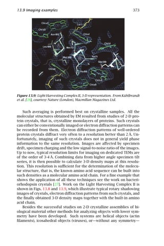 13.9 Imaging examples                                                   373




Figure 13.9: Light Harvesting Complex II, 3-D representation. From Kühlbrandt
et al. [28], courtesy Nature (London), Macmillan Magazines Ltd.


    Such averaging is performed best on crystalline samples. All the
molecular structures obtained by EM resulted from studies of 2-D pro-
tein crystals, that is, crystalline monolayers of proteins. Such crystals
can either be conventionally imaged or electron diﬀraction patterns can
be recorded from them. Electron diﬀraction patterns of well-ordered
protein crystals diﬀract very often to a resolution better than 2 Å. Un-
fortunately, imaging of such crystals does not in general yield phase
information to the same resolution. Images are aﬀected by specimen
drift, specimen charging and the low signal-to-noise ratio of the images.
Up to now, typical resolution limits for imaging on dedicated TEMs are
of the order of 3-4 Å. Combining data from higher angle specimen tilt
series, it is then possible to calculate 3-D density maps at this resolu-
tion. This resolution is suﬃcient for the determination of the molecu-
lar structure, that is, the known amino acid sequence can be built into
such densities as a molecular amino acid chain. For a ﬁne example that
shows the application of all these techniques see the work on bacteri-
orhodopsin crystals [27]. Work on the Light Harvesting Complex II is
shown in Figs. 13.8 and 13.9, which illustrate typical rotary shadowing
images of crystals, electron diﬀraction patterns from such crystals, and
the ﬁnally obtained 3-D density maps together with the built-in amino
acid chain.
    Besides the successful studies on 2-D crystalline assemblies of bi-
ological material other methods for analyzing objects with lower sym-
metry have been developed. Such systems are helical objects (actin
ﬁlaments), icosahedral objects (viruses), or—without any symmetry—
 