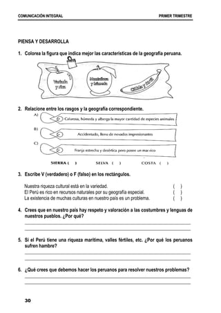 C
CO
OM
MU
UN
NI
IC
CA
AC
CI
IÓ
ÓN
N I
IN
NT
TE
EG
GR
RA
AL
L P
PR
RI
IM
ME
ER
R T
TR
RI
IM
ME
ES
ST
TR
RE
E
30
PIENSA Y DESARROLLA
1. Colorea la figura que indica mejor las características de la geografía peruana.
2. Relacione entre los rasgos y la geografía correspondiente.
3. Escribe V (verdadero) o F (falso) en los rectángulos.
Nuestra riqueza cultural está en la variedad.
El Perú es rico en recursos naturales por su geografía especial.
La existencia de muchas culturas en nuestro país es un problema.
( )
( )
( )
4. Crees que en nuestro país hay respeto y valoración a las costumbres y lenguas de
nuestros pueblos. ¿Por qué?
______________________________________________________________________
______________________________________________________________________
5. Si el Perú tiene una riqueza marítima, valles fértiles, etc. ¿Por qué los peruanos
sufren hambre?
______________________________________________________________________
______________________________________________________________________
6. ¿Qué crees que debemos hacer los peruanos para resolver nuestros problemas?
______________________________________________________________________
______________________________________________________________________
 