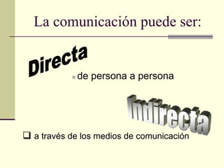 La comunicación puede ser:
 de persona a persona
 a través de los medios de comunicación
 