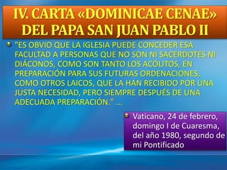 En el siglo XVII época en
que solo se celebraba la
Misa Tridentina y era
obligatoria la Comunión
en la boca y de rodillas, el
Papa muchas veces
comulgaba sentado.
El Dr. Amado Pouget,
liturgista muy reconocido
de la época, explicó para
justificar el tomar la
comunión sentado:
III. Qué es mejor
"Este es un uso
antiquísimo, y expresa
IMITACIÓN DE LO QUE
HIZO JESUCRISTO QUE
INSTITUYÓ LA SAGRADA
EUCARISTÍA SENTADO EN
LA MESA CON SUS
APÓSTOLES."
Y agregaba el Dr. Pouget:
"PUEDE ADORARSE A
JESUCRISTO o SENTADO,
o DE RODILLAS, o EN PIE.
LA SITUACIÓN DEL
CUERPO NO ES ESENCIAL
A LA ADORACIÓN."
 