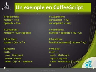 Les IDE
⦿IntelliJ / Webstorm
         coloration, refactoring, auto complétion, analyse,
         payant
⦿Aptana, Bracket
         coloration, auto complétion, gratuit
⦿Notepad++, SublimText
         coloration, gratuit
⦿scripted, Cloud9
         coloration, complétion, gratuit, en ligne

2013-04-17                     Développer coté client en 2013   38
 