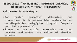 Apliquemos la estrategia:
Estrategia “YO MUESTRO, NOSOTROS CREAMOS,
TÚ RESUELVES Y TOMAS DECISIONES”
• Por centro educativo, determinen que
dimensiones de la personalidad explorarían en
un diagnóstico pedagógico integral. Comparte
por chat y presencial.
• Piensa en una acción personales que como
docente realizarías para evitar el abandono
escolar.
 