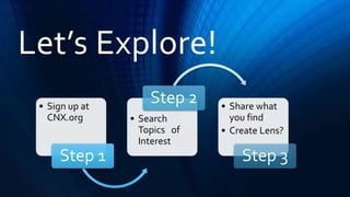 Let’s Explore! 
• Sign up at 
CNX.org 
Step 1 
Step 2 • Share what 
• Search 
Topics of 
Interest 
you find 
• Create Lens? 
Step 3 

