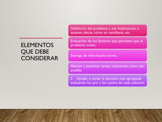 ELEMENTOS
QUE DEBE
CONSIDERAR
Definición del problema y sus implicancias: a
quienes afecta, cómo se manifiesta, etc.
Evaluación de los factores que permiten que el
problema exista.
Entrega de información breve.
Alentar a examinar tantas soluciones como sea
posible
5 Ayudar a tomar la decisión más apropiada
evaluando los pro y los contra de cada solución.
 
