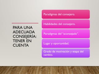 PARA UNA
ADECUADA
CONSEJERÍA:
TENER EN
CUENTA
Paradigmas del consejero.
Habilidades del consejero.
Paradigmas del “aconsejado”.
Lugar y oportunidad.
Grado de motivación y etapa del
cambio.
 