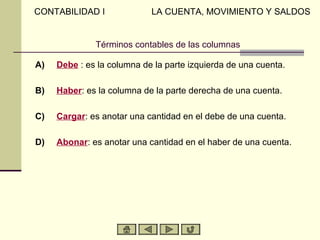 Términos contables de las columnas
A) Debe : es la columna de la parte izquierda de una cuenta.
B) Haber: es la columna de la parte derecha de una cuenta.
C) Cargar: es anotar una cantidad en el debe de una cuenta.
D) Abonar: es anotar una cantidad en el haber de una cuenta.
CONTABILIDAD I LA CUENTA, MOVIMIENTO Y SALDOS
 