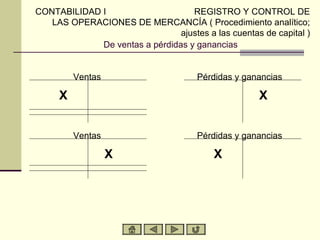 De ventas a pérdidas y ganancias
Ventas
X
Pérdidas y ganancias
X
Ventas
X
Pérdidas y ganancias
X
CONTABILIDAD I REGISTRO Y CONTROL DE
LAS OPERACIONES DE MERCANCÍA ( Procedimiento analítico;
ajustes a las cuentas de capital )
 