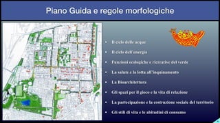 Piano Guida e regole morfologiche
SL
• Il ciclo delle acque


• Il ciclo dell’energia


• Funzioni ecologiche e ricreative del verde


• La salute e la lotta all’inquinamento


• La Bioarchitettura


• Gli spazi per il gioco e la vita di relazione


• La partecipazione e la costruzione sociale del territorio


• Gli stili di vita e le abitudini di consumo


 