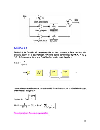 40
EJEMPLO 2-3
Encontrar la función de transferencia en lazo abierto y lazo cerrado del
sistema dado, si el controlador PID tiene como parámetros Kp=1, Ki = 0.2 y
Kd = 0.5. La planta tiene una función de transferencia igual a :
Como vimos anteriormente, la función de transferencia de la planta junto con
el retenedor es igual a:
G(z) =( 1-z – 1
) z
Resolviendo en fracciones parciales,
 