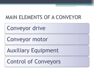 MAIN ELEMENTS OF A CONVEYOR
Conveyor drive
Conveyor motor
Auxiliary Equipment
Control of Conveyors
 