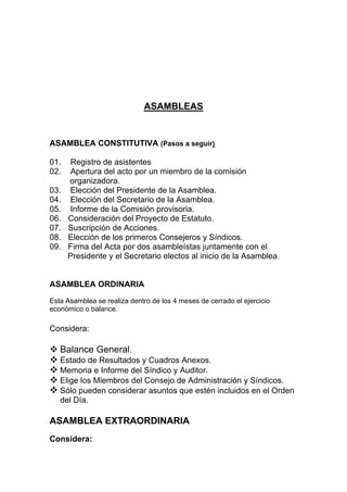 ASAMBLEAS
ASAMBLEA CONSTITUTIVA (Pasos a seguir)
01. Registro de asistentes
02. Apertura del acto por un miembro de la comisión
organizadora.
03. Elección del Presidente de la Asamblea.
04. Elección del Secretario de la Asamblea.
05. Informe de la Comisión provisoria.
06. Consideración del Proyecto de Estatuto.
07. Suscripción de Acciones.
08. Elección de los primeros Consejeros y Síndicos.
09. Firma del Acta por dos asambleístas juntamente con el
Presidente y el Secretario electos al inicio de la Asamblea.
ASAMBLEA ORDINARIA
Esta Asamblea se realiza dentro de los 4 meses de cerrado el ejercicio
económico o balance.
Considera:
Balance General.
Estado de Resultados y Cuadros Anexos.
Memoria e Informe del Síndico y Auditor.
Elige los Miembros del Consejo de Administración y Síndicos.
Sólo pueden considerar asuntos que estén incluidos en el Orden
del Día.
ASAMBLEA EXTRAORDINARIA
Considera:
 